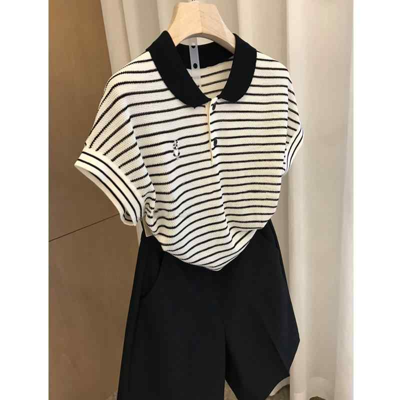 Tシャツ レディース 切り替え配色 ストライプ 小ウサギ 刺繍 POLO襟 ニット 再生繊維 トップス カットソー 普段使い