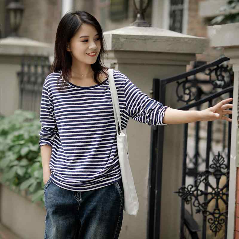 Tシャツ レディース ストライプ トップス 長袖 半袖 カットソー 綿混紡 ゆったり ラウンドネック カジュアル リラックス おしゃれ 春夏
