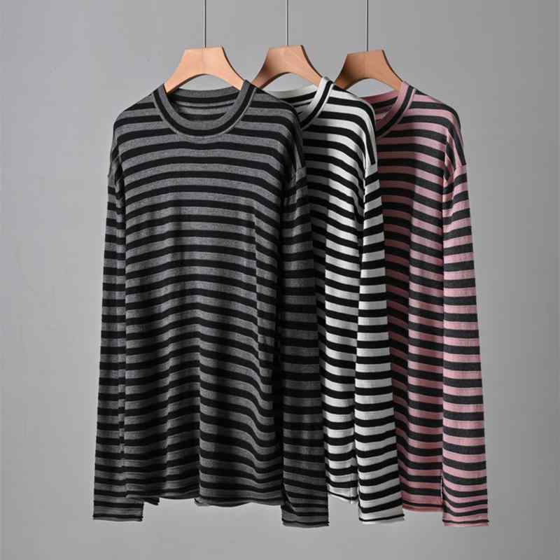 Tシャツ レディース 秋冬 軽量 立体 ストライプ 長袖 天? ウール 体型カバー カットソー 黒 白 黒 灰