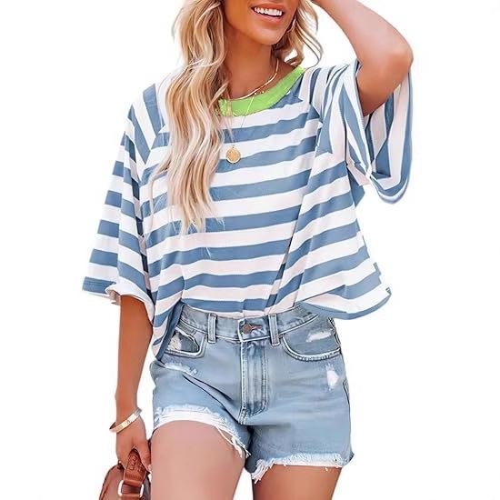Tシャツ レディース 半袖 トップス 7分袖 ストライプ ゆったり ラウンドネック カジュアル 普段使い 部屋着 ポリエステル リラックス かわいい 春夏 ブラウン系 ピンク系 グレー系