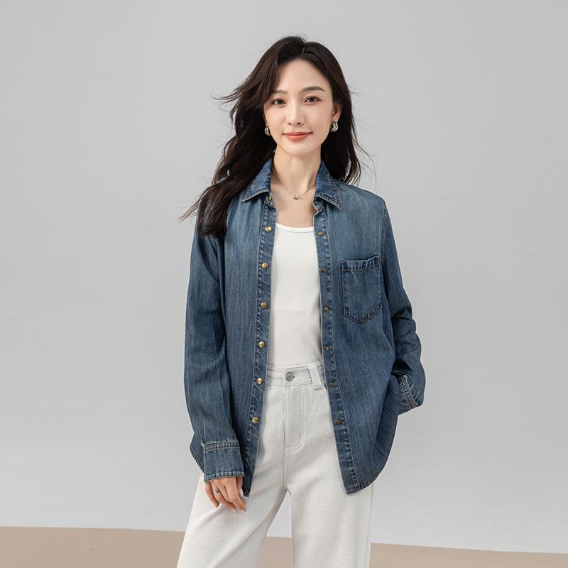 シャツ レディース デニムシャツ 長袖 テンセル デニム トップス 接触冷感 ゆったり 普段使い 韓国風