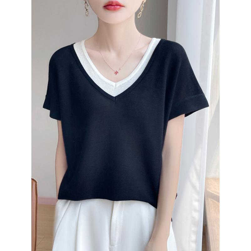 Tシャツ レディース 春夏 半袖 Vネック 切り替え バイカラー 接触冷感 薄手 ニット トップス カットソー 婦人服 女性用 日韓風 カジュアル ストライプ 米白 ブラック
