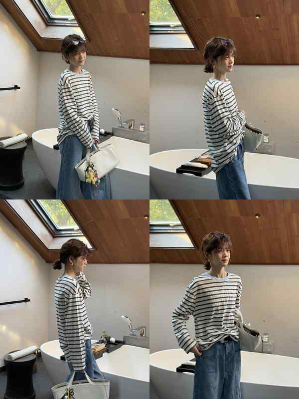 Tシャツ レディース ラウンドネック 長袖 春夏 リネン混紡 ストライプ柄 ゆったりサイズ ドロップショルダー カジュアルスタイル 5,871円