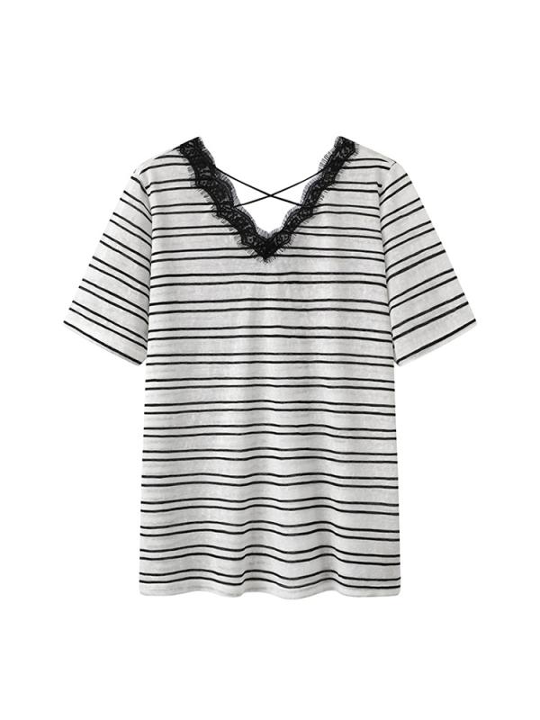 Tシャツ レディース レース 花柄 ボーダー柄 ニット 接触冷感 半袖 Vネック トップス カットソー ゆったり かわいい 黒 白