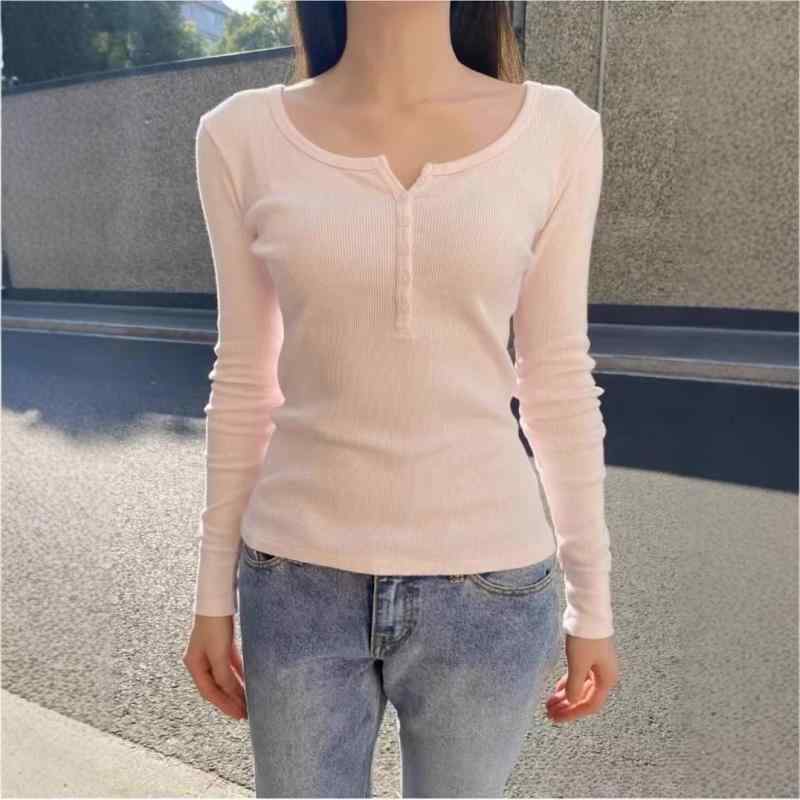 Tシャツ レディース 長袖 浅ピンク色 無地 スリムフィット クルーネック カットソー トップス 綿70% 80%未満 普段使い かわいい
