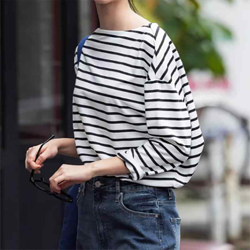 Tシャツ レディース 長袖 カットソー プルオーバー ストライプ柄 ゆったり スリム見え カジュアル 通勤着 普段使い ポリエステル 接触冷感 伸縮性 通年