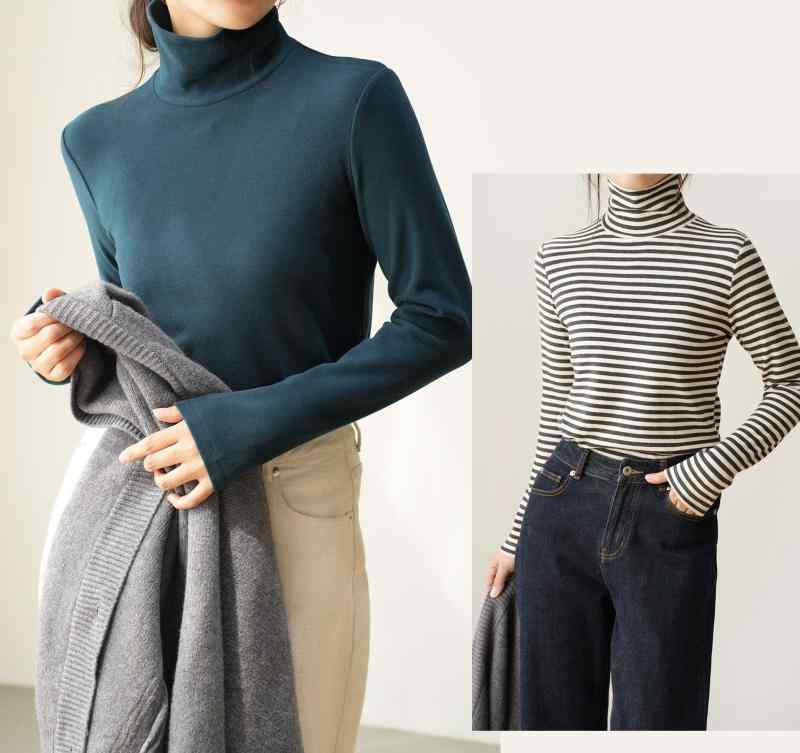 Tシャツ レディース 高品質 両面起毛 ストライプ柄 インナー 高襟 長袖 トップス 秋冬 あったか 粘・屬?? 普段使い 通勤着 レーヨン やわらか