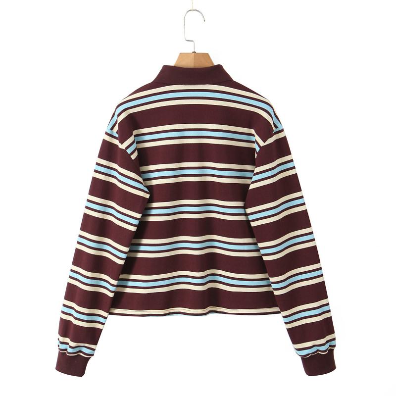 Tシャツ レディース 翻襟 コットン ストライプ トップス 長袖 プルオーバー ゆったり 普段使い 春 個性 欧美風