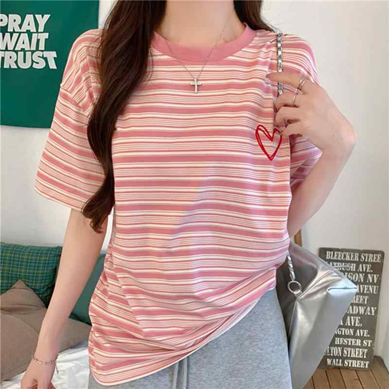 Tシャツ レディース ピンク系 愛心 ストライプ柄 半袖 トップス ラウンドネック プルオーバー 接触冷感 刺・墸 カットソー インナー 普段使い