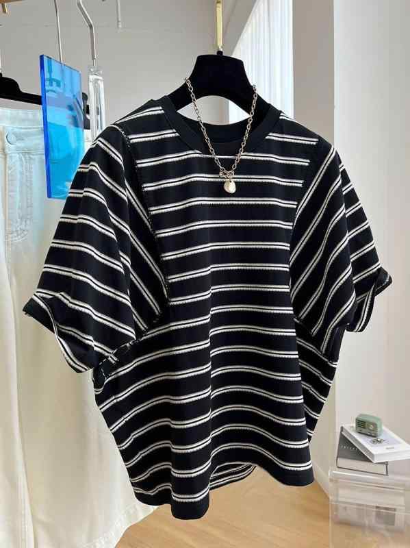 Tシャツ レディース 半袖 ゆったり トップス ボーダー柄 シェニール 接触冷感 プルオーバー カットソー ラウンドネック カジュアル かわいい 体型カバー 着痩せ ブラック ホワイト