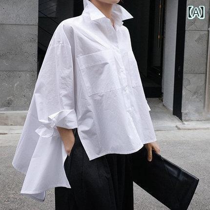 春夏 女性用 綿 シャツ トップス 白色 長袖 開襟 シングルブレスト ゆったり ルーズフィット ケープ デザイン 不規則 ヘム ポケット 付き 街頭 カジュアル ファッション 吸湿速乾 軽量 伸縮性 普段使い 通勤 コーディネート