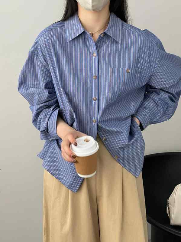 シャツ 女性用 長袖 綿混 条紋柄 開襟 単排ボタン 翻領 ルーズフィット 韓国風 日常カジュアル トップス 白色 ブルー 吸湿速乾 軽量 春 ファッション