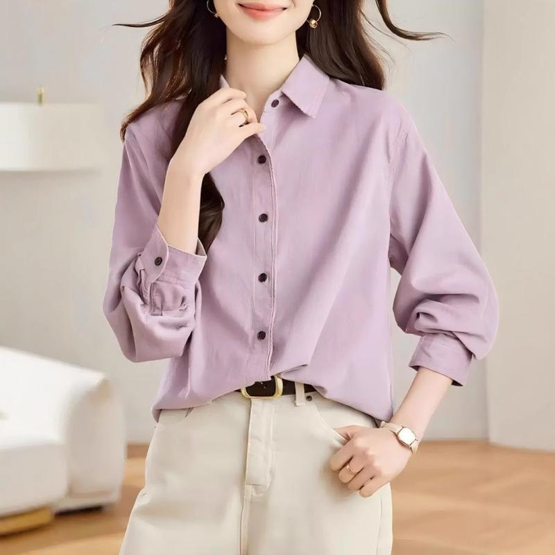 レディース シャツ トップス 紫色 藤色 灯芯? コーデュロイ 長袖 開衫 カーディガン 外套 ジャケット ポリエステル ポリ 聚?繊維 免? ノーアイロン 加工 ゆったり ルーズ フィット 普通丈 50cm 65cm ポロ 襟 ボタン 付け シンプル