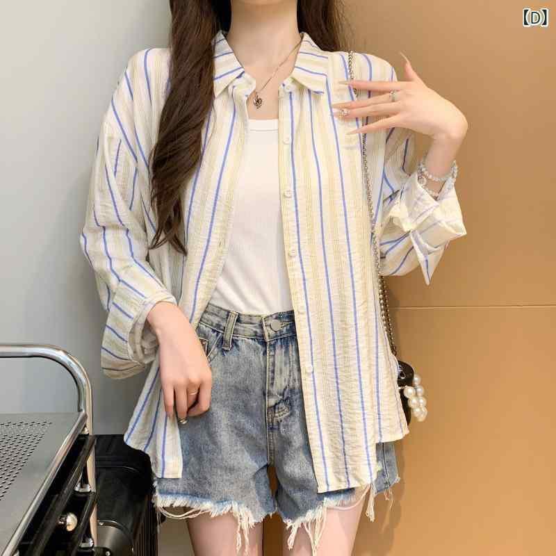 レディース シャツ トップス 夏 春夏 ストライプ柄 ブラウス 長袖 ポリエステル ポリヨレフィン 切り替え デザイン 気質 通勤 スタイル 快適 ゆったり シルエット 薄手 透気性 防紫外線 黒 ピンク系 赤 ブルー 基本 款 POLO 襟 普通 丈