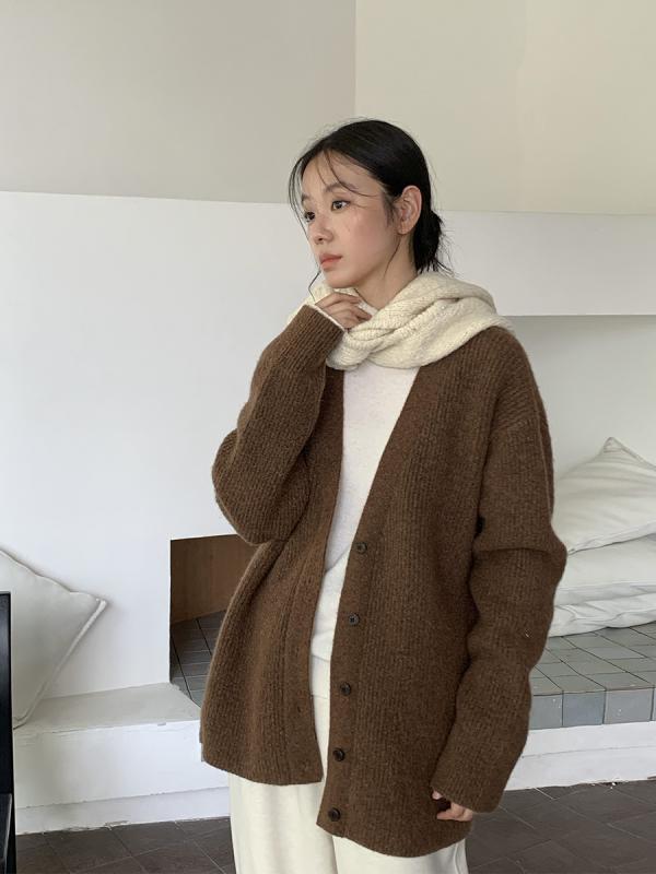 ニット カーディガン レディース 秋冬 長袖 Vネック ゆったり 厚手 モヘア ウール 中グレー 深杏 接触冷感