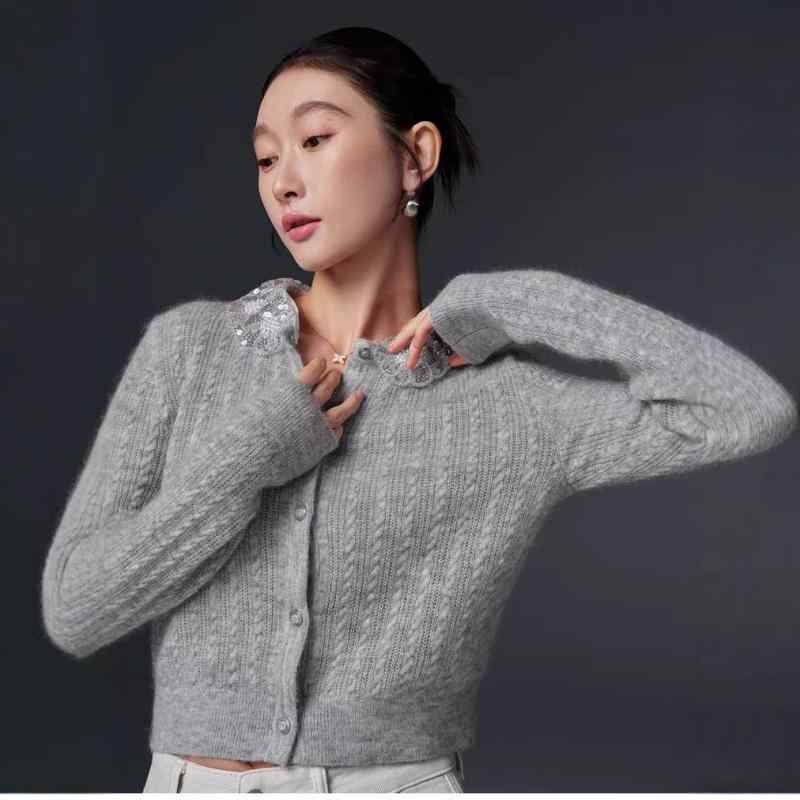 ニットカーディガン レディース 韓国 ファッション 甜美 かわいい POLO襟 長袖 羊毛 混紡 トップス ボタン 留め グレー 普段使い
