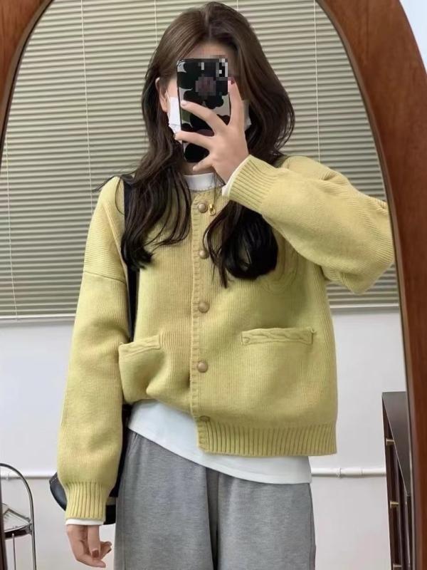 ニットカーディガン レディース 韓国風 小柄 ラウンドネック ニット カーディガン ゆったり 厚手 ポリエステル ミルキーホワイト ピンク グレー レッド グリーン カーキ アプリコット ブルー