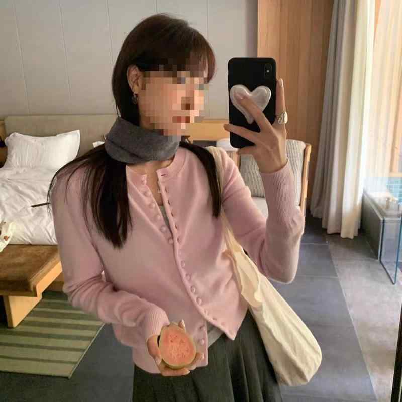 編み物ジレー レディース 韓国風 可愛らしい 長袖 トップス アウター 羽織り物 伸縮性 粉色系 薄墨色 ゆったり 普段使い