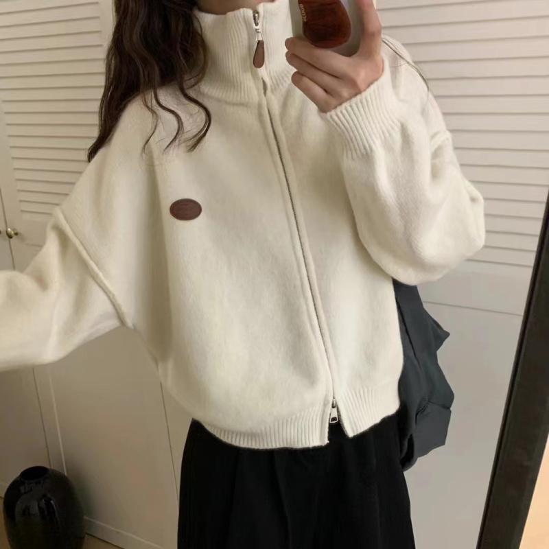 ニットカーディガン レディース 秋冬 立襟 ジップアップ ケーブル編み ゆったり 羽織り カジュアル ミディアム丈 トップス オフホワイト グレー ワインレッド ネイビー ブラック