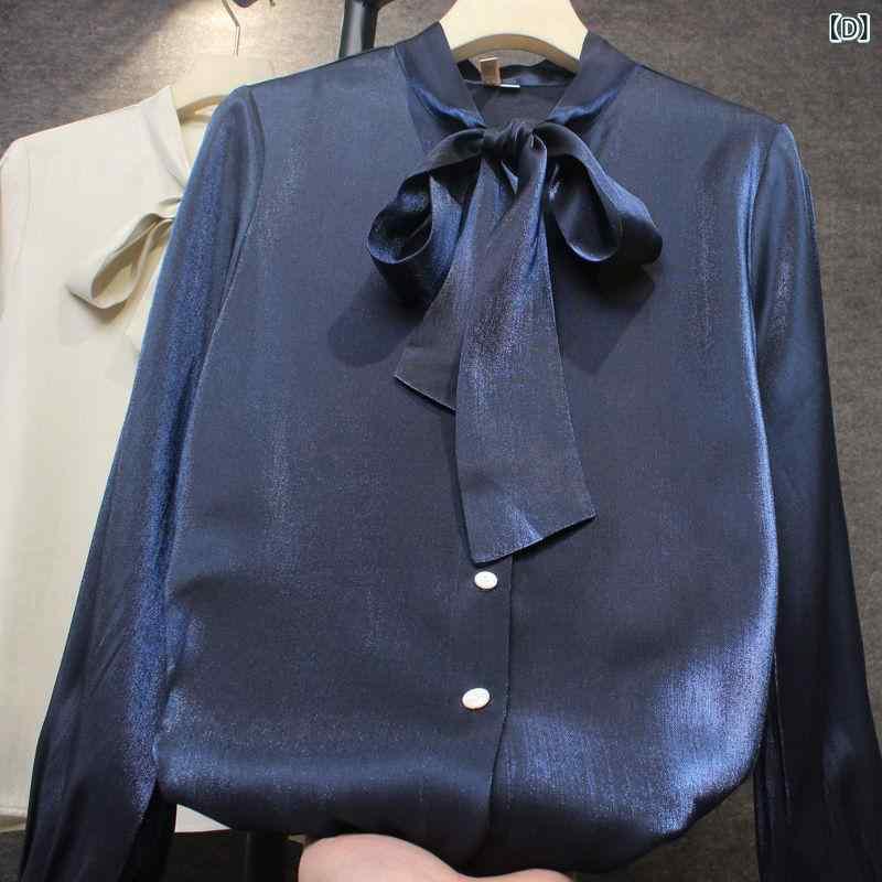レディース シャツ トップス 長袖 Vネック 灯?袖 蝶結 リボン 直筒 シルエット 光沢 再生繊維 ポリエステル 接触冷感 通勤 気質 OL スタイル セットアップ 普段使い 純色 ホワイト レモンイエロー アプリコット ネイビー 春夏 軽量 伸縮性
