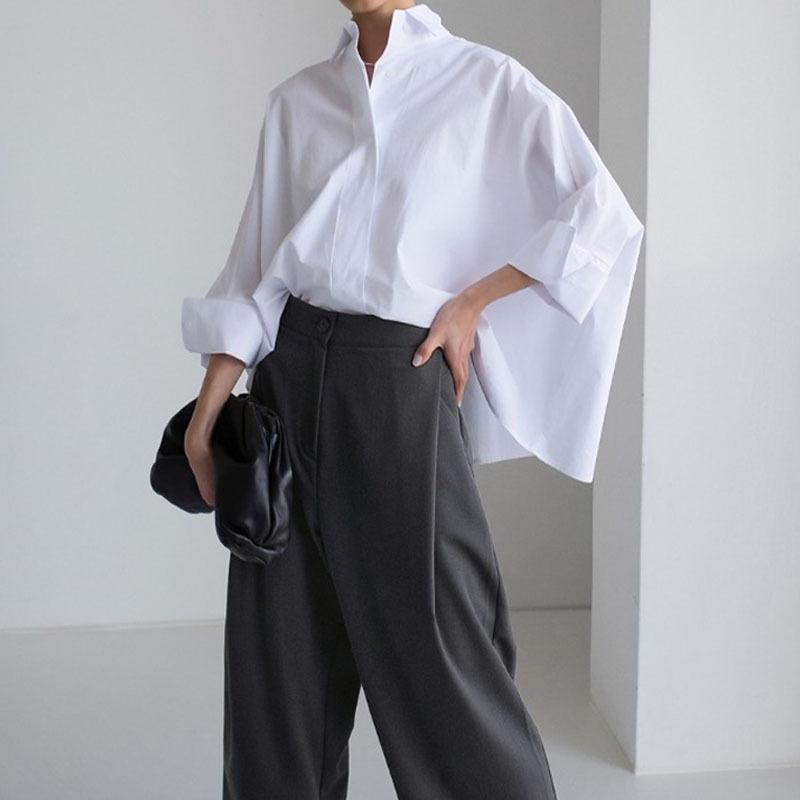 シャツ 女性用 春夏 長袖 Vネック 蝙蝠袖 ワイドシルエット 綿100% 白色 ゆったり大サイズ 免?加工 日韓カジュアル 中性スタイル トップス 普段使い 軽量 通勤対応 吸湿速乾 接触冷感 ファッション ブラウス ゆったりトップス