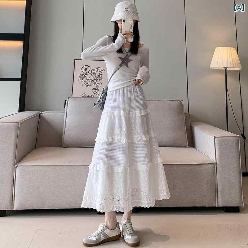 半身スカート 女性用 春夏 白色 ケーキスカート 中長丈 高腰 気質 優雅 プリンセス風 甘美 清新 レース 切り替え ポリエステル ポリウレタン 微弾力 軽量 伸縮性 かわいい 甘めスタイル フレア フレアスカート ふんわり ロマンティック フェミニン