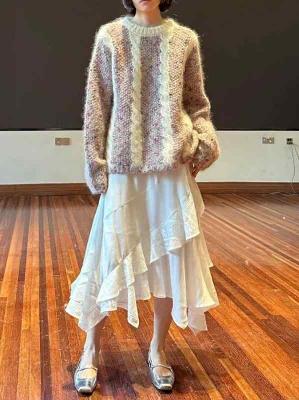 スカート レディース 春夏 レース 切り替え アシンメトリー フリル ポリエステル ロングスカート 白 黒｜イーマイショップ