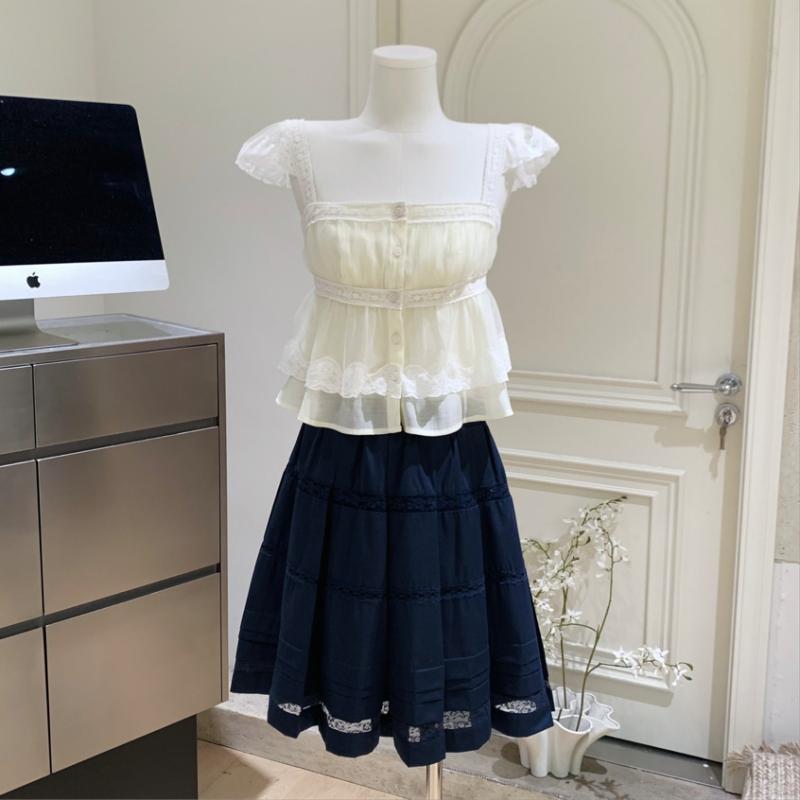 スカート レディース 春夏 レース 切り替え ショートスカート 膝上丈 Aライン 伸縮性 ポリエステル かわいい ブルー ミディアムウエスト フェミニン デート お出かけ