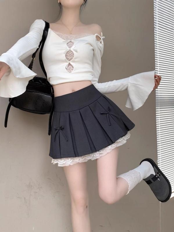 スカート レディース 春夏 百褶スカート ミニスカート レース 花柄 蝶結び ハイウエスト Aライン フレア 伸縮性 かわいい 裏地付き 黒 グレー