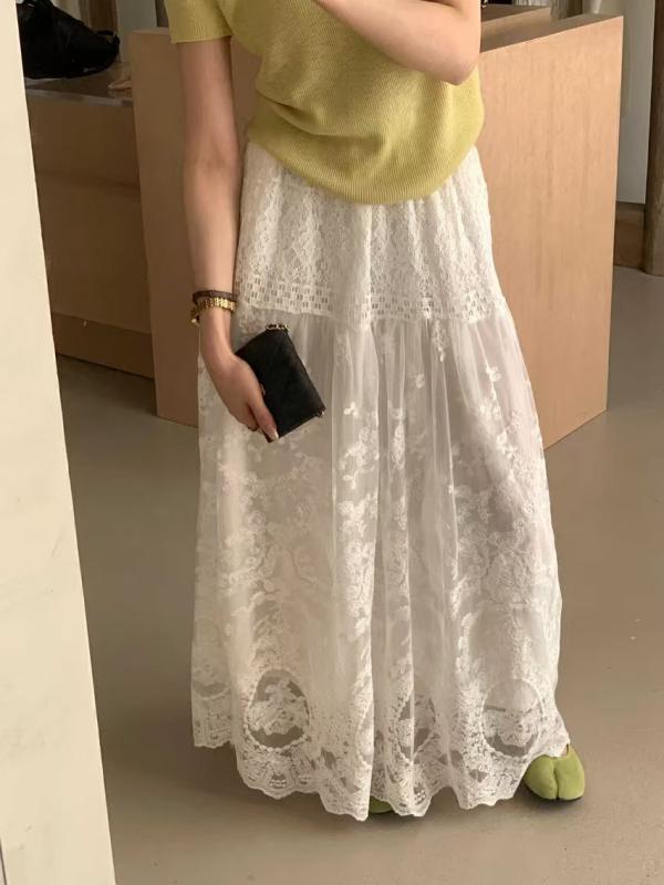 スカート レディース 春 高腰 ミドル丈 チュールスカート 花柄 ホワイト 白 かわいい フェミニン エレガント