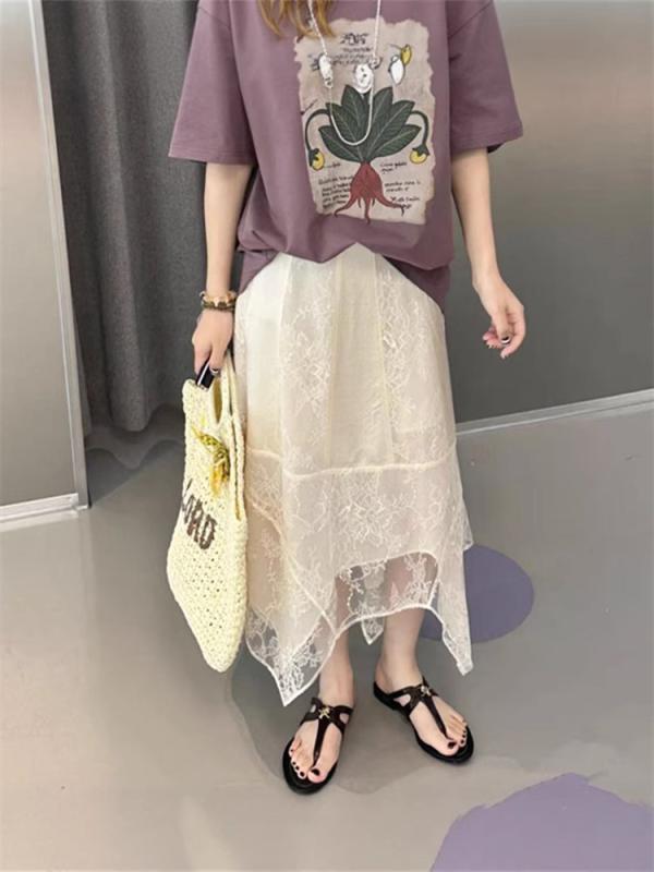 レディース スカート ミディ丈 Aライン 半身スカート 切り替え レース デザイン 女性用 気質 通勤スタイル 綿混 トリエステル繊維 95%以上 無弾性 米色 ベージュ系 軽やか シンプル 夏用
