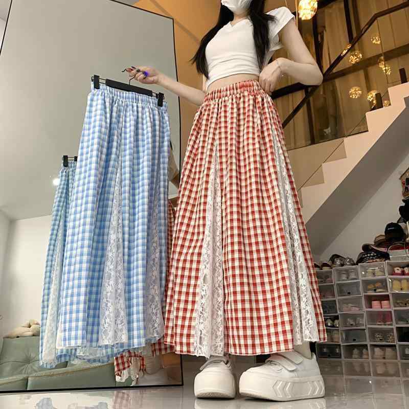 スカート 女性用 半身スカート 春夏 韓国風 かわいい レース 切り替え 格子柄 Aライン ハイウエスト ミディ丈 気質 通勤 通勤風 軽量 吸湿速乾 ブルー 赤 通勤用 普段使い 伸縮性 再生繊維 人気シルエット 女性らしい スタイルアップ