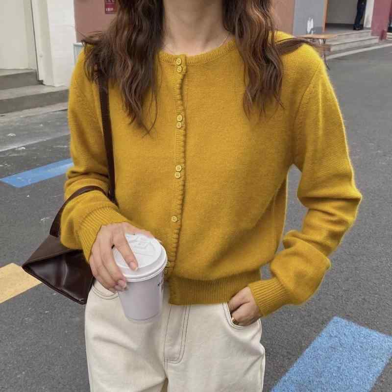 カーディガン レディース 100% 羊毛 ニット トップス ラウンドネック 長袖 無地 韓国風 ゆったり ?色 通勤着 気質 秋冬 赤 黄色 紺色 黒 S M L XL