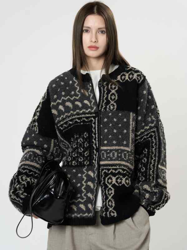 カーディガン レディース 春秋冬 韓国風 レトロ 提花 几何学模様 ゆったり かわいい 暖かい ウール ニット トップス 長袖 カットソー オフィス カジュアル