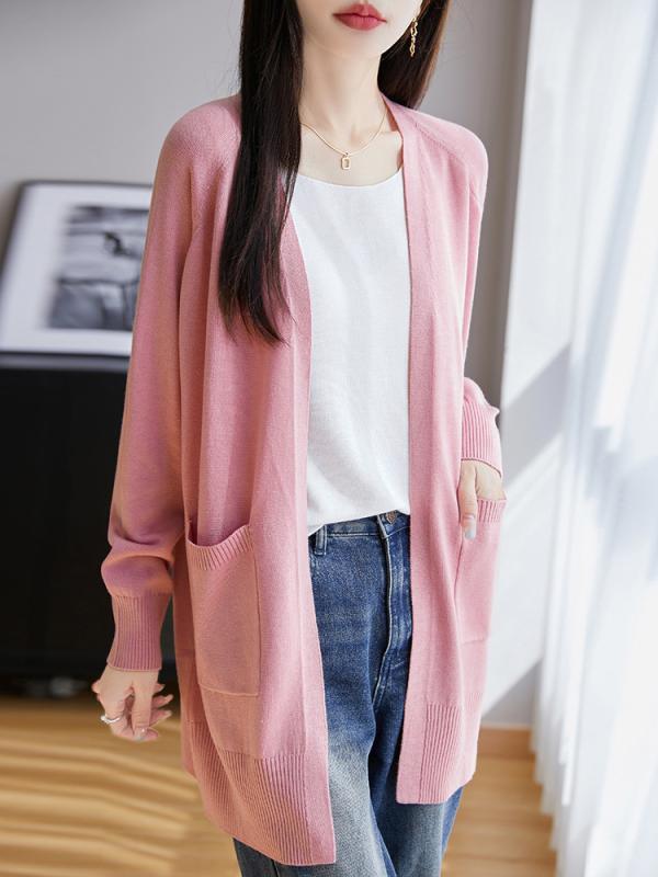 ジレー レディース 無地 ダブル衣嚢 ゆったり 好いたらしい 真っただ中丈 編み物 スウェーター 羽織りもの トップス サクラ色系 緑であること 黒いこと M L XL 絨毛 生まれ変わり衣料繊維