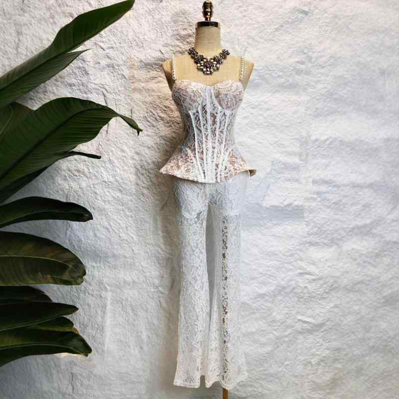 タンクトップ レディース レース 刺繍入り キャミソール ＆ パンツ セットアップ ポリエステル素材 切り替えデザイン ホワイト ブラック 上下セット 6,141円