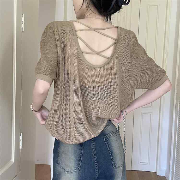 Tシャツ レディース 春夏 メッシュ シースルー 肌見せ バックオープン ドロップショルダー ゆったり 半袖 接触冷感 ニット トップス ブラック ベージュ 普段使い 韓国ファッション 4,236円