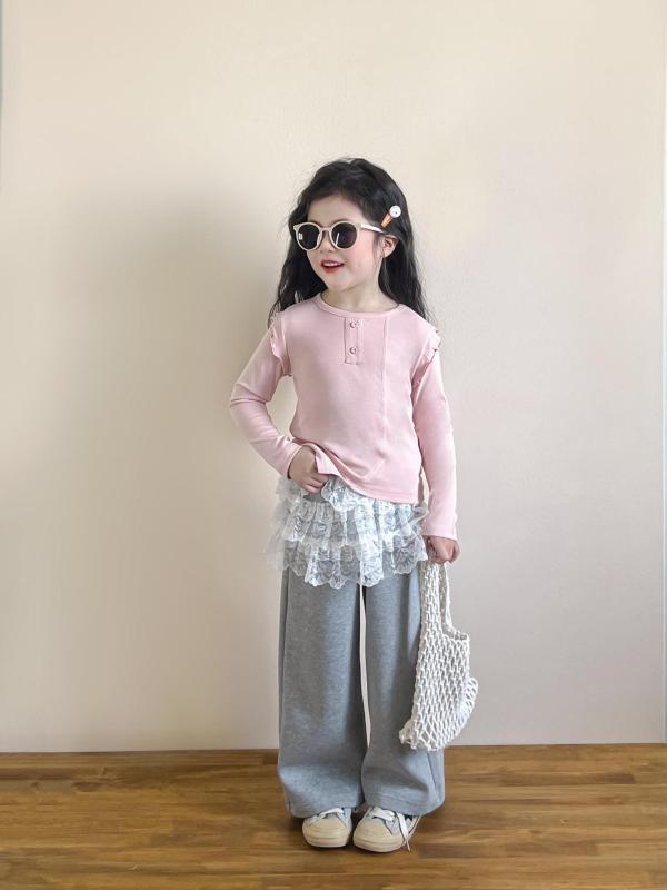 子供服 春秋物 上下セット 3歳 4歳 5歳 6歳 7歳 8歳 長袖Tシャツ 長ズボン レース ピンク グレー 綿混紡 かわいい ガールズ