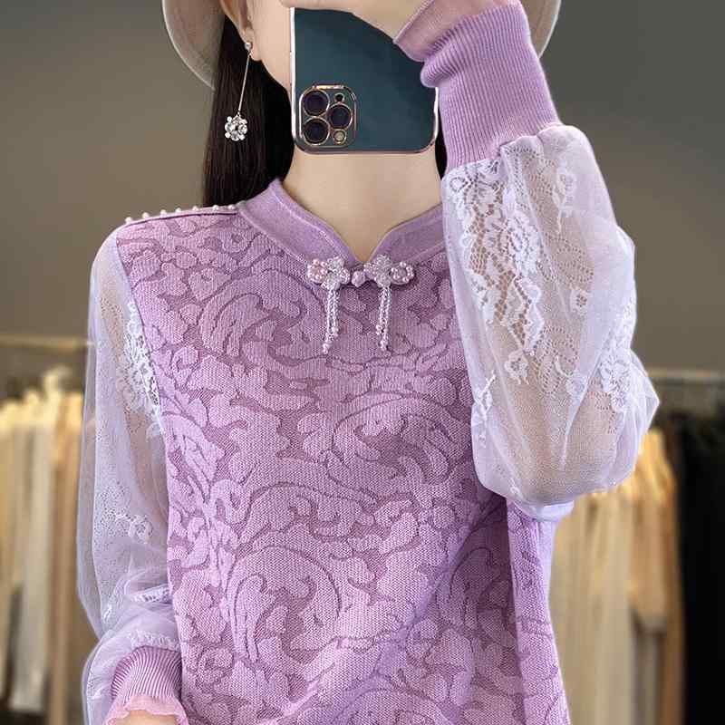 ニット セーター レディース 春秋 長袖 ウール混紡 レース 祥雲柄 刺繍 ピンク系