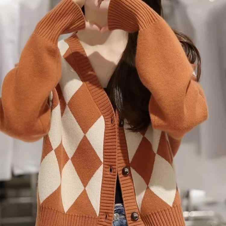 カーディガン レディース ニットカーディガン Vネック 長袖 トップス ウール 幾何学模様 レトロ 配色 ゆったり 知的 秋冬 ブラック オレンジ系