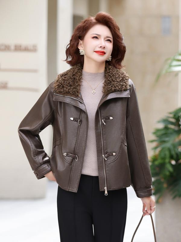 レディース レザー ジャケット ショート丈 裏起毛 あったか 海寧 レザー ウェア ママ 服 ミセス アウター コーヒー色 黒 L XL 2XL 3XL 日韓 カジュアル