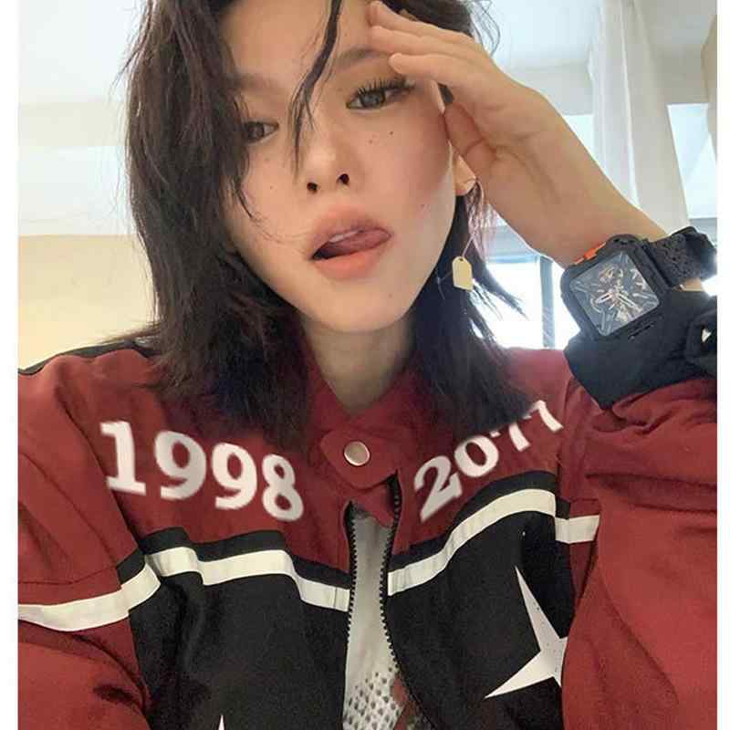 ジャケット レディース アメリカン レトロ ヴィンテージ ライダース風 野球服 ジャンパー アウター 春秋冬 長袖 幾何学模様 街頭スタイル 深紅色
