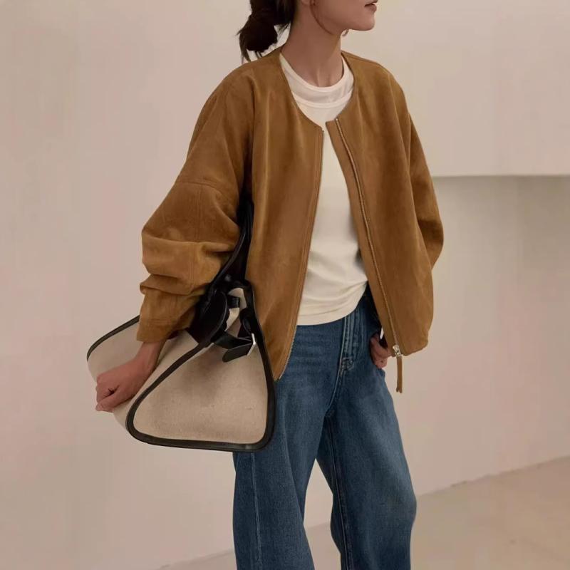 ジャケット レディース 春 棒球 服 接触冷感 焦糖色 黒 赤 ラウンドネック 長袖 ?松 休?スタイル スエード調 アウター