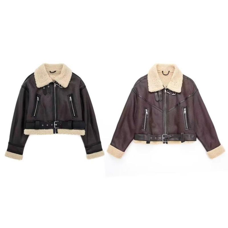 ジャケット レディース 秋冬 ショート丈 アウター 長袖 ブルゾン 配色 人工皮革 普段使い 通勤 ブラック ブラウン系