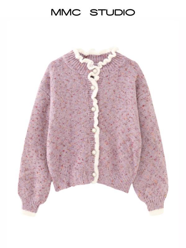 ニット カーディガン レディース かわいい パール ボタン 花柄 レース 厚手 コットン 混紡 ゆったり ラウンドネック 長袖 トップス 私服 お出かけ パープル