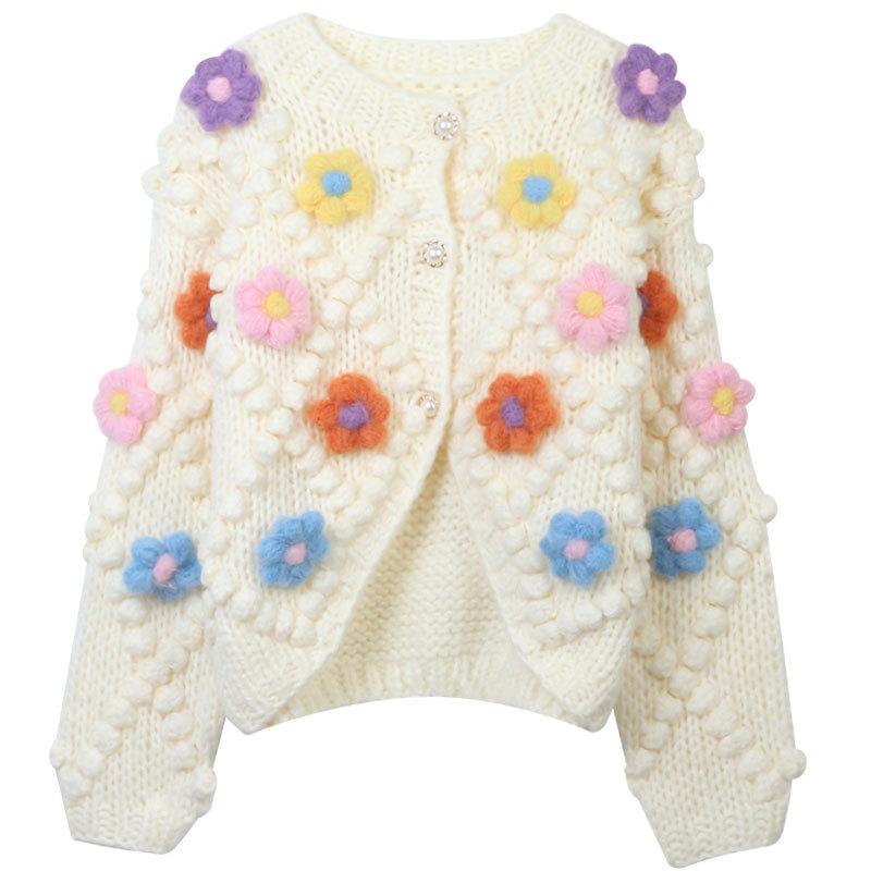 ニット カーディガン レディース 秋冬 花柄 手編み パール ボタン ラウンドネック コットン ポリエステル ゆったり 厚手 トップス かわいい 清新 韓国ファッション