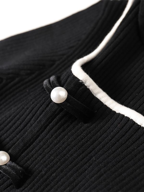 ニット レディース 長袖 黒 春秋 パールボタン スタイルアップ 着痩せ インナー トップス 私服 デート エレガント 上品 かわいい きれいめ｜イーマイショップ