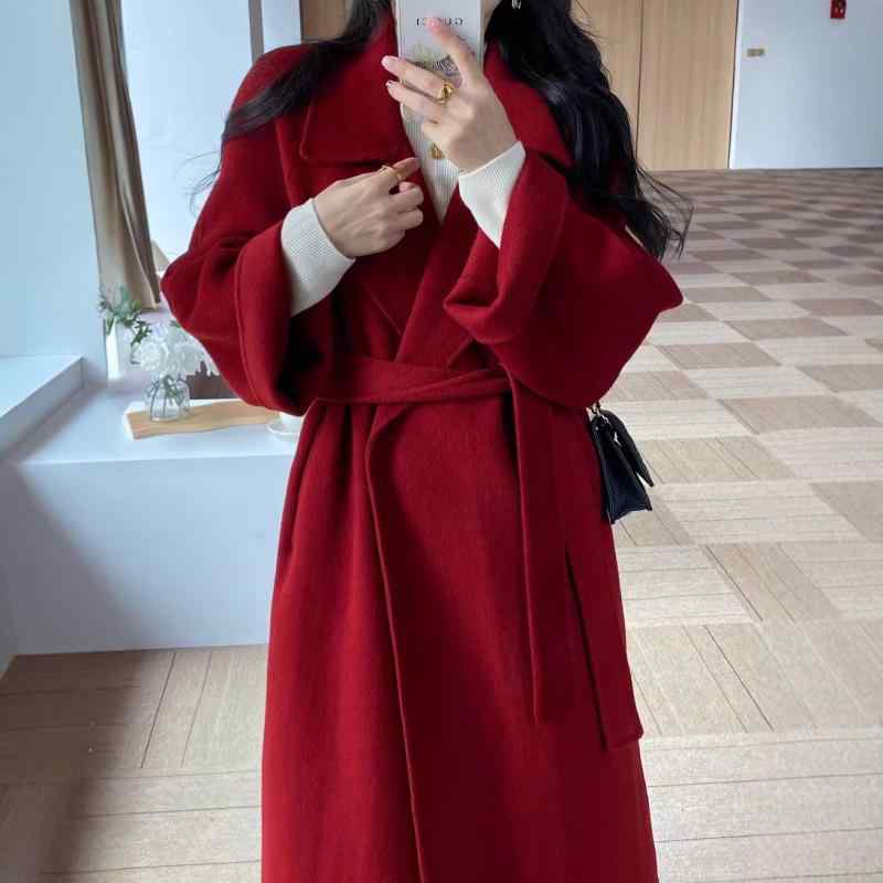 厚地の外套 レディース 秋冬 羊毛 ロング丈 赤いこと ゆったり 大きめ ダブル人間の顔 毛糸 アウター 厚地の外套 通い 好いたらしいめ 今めかしい 御前上等感 朦々たる あたたかい 防寒