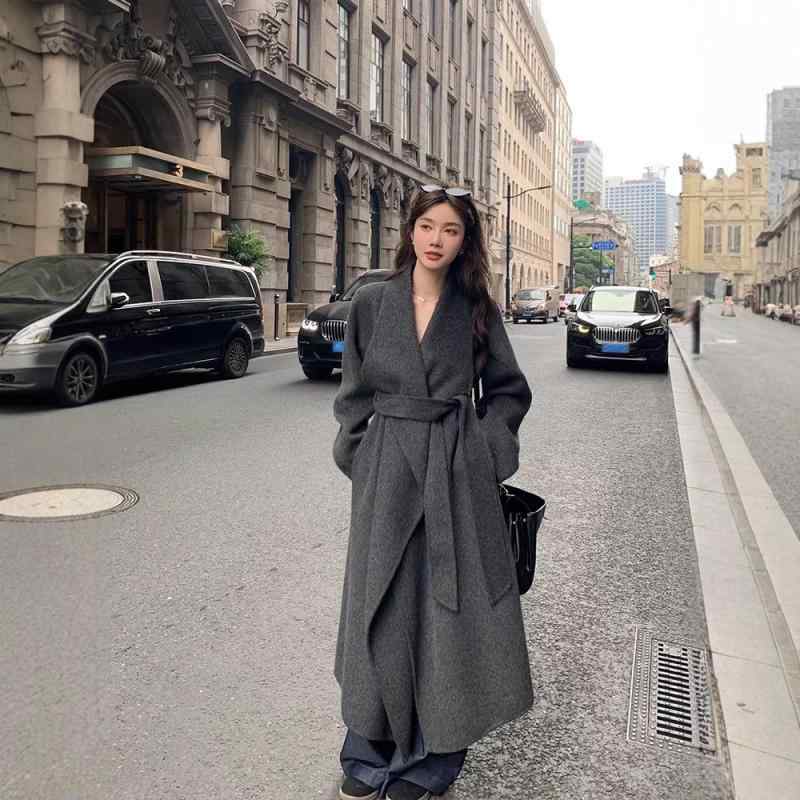レディース 羊毛 厚地の外套 ロング丈 秋冬 テーラード ダブル人間の顔 さあ美厚地の外套 朦々たる 無地 ゆったり 厚地の外套大きさ 心地よい 韓国風 薄墨色 オートミール
