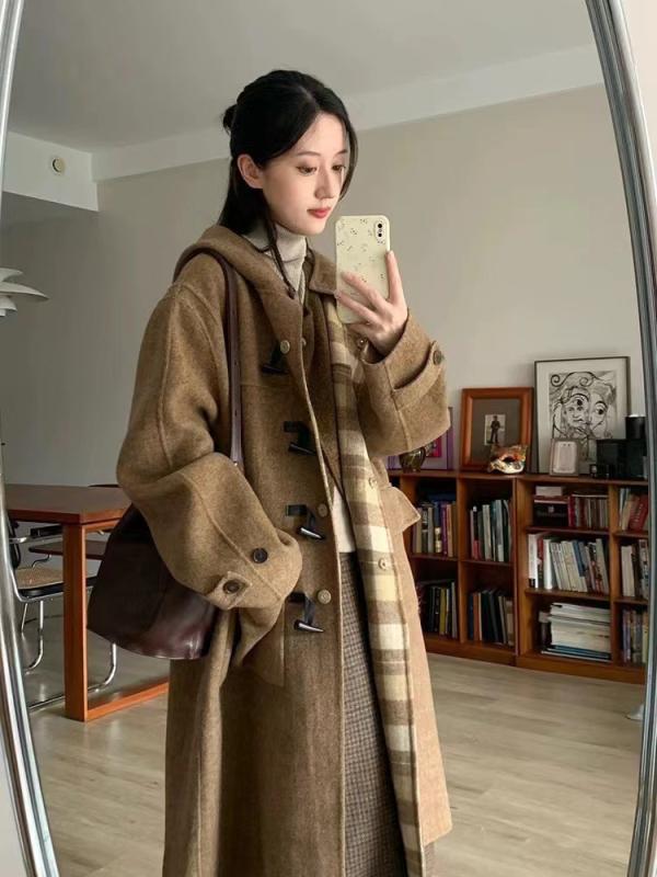 厚地の外套 レディース 秋冬 羊毛 透かし彫り柄 ボンネット付き添い人 ロング丈 リヴァーシブル 読みもの風 レトロ